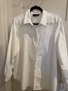 Lane Bryant White Embroidered Cotton Button-Down Shirt